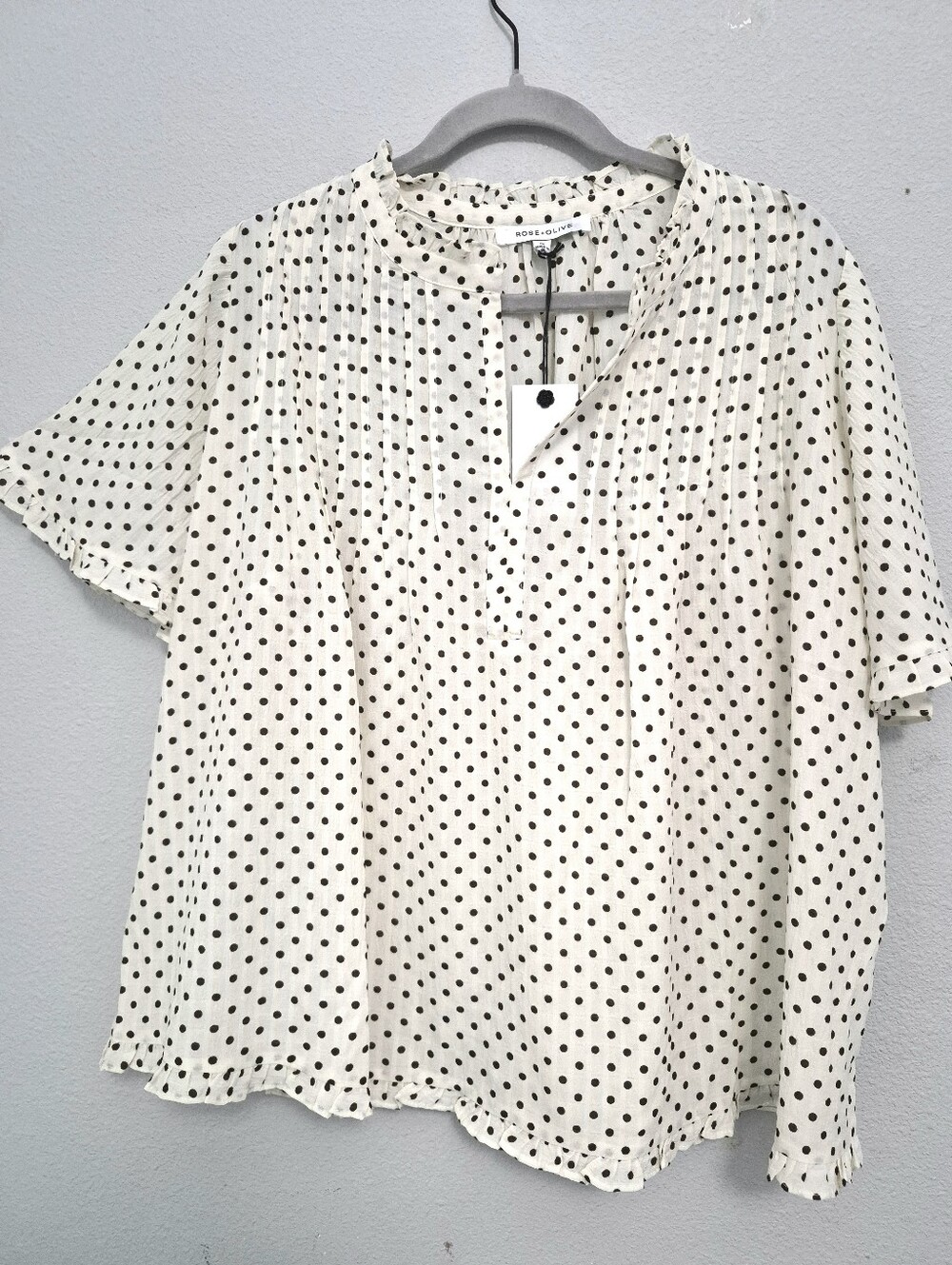 Rose+Olive Ruffled Mandarin Collar Pleated Front Polka Dot Blouse 1X